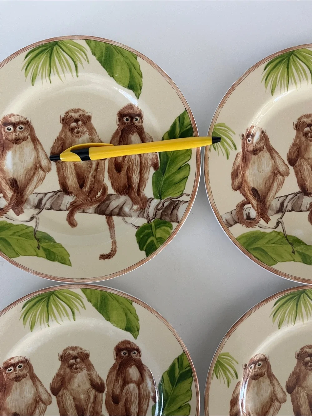 American Atelier Three monkeys porcelain salad plates hear see speak no evil 8”